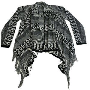 POOF Woman Aztec Print fringe cardigan black and white size L Geometric Tribal